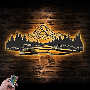 Natura Montagna Foresta Metallo Arte da Parete LED Luce Collina Albero Grande Avventura Cartello Casa Escursionismo Decorazione Camper Escursionista Paesaggio Decorazione Compleanno