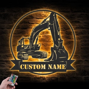 Luce LED da parete in metallo con conducente di escavatore personalizzato, cartello con nome dell'escavatore personalizzato, decorazione per la casa, decorazione per la costruzione, regalo di compleanno, Natale, papà