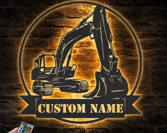 Custom Excavator Driver Metal Wall Art LED Light Personalized Excavator Name Sign Home Decor Construction Decoration Birthday Xmas Dad Gift