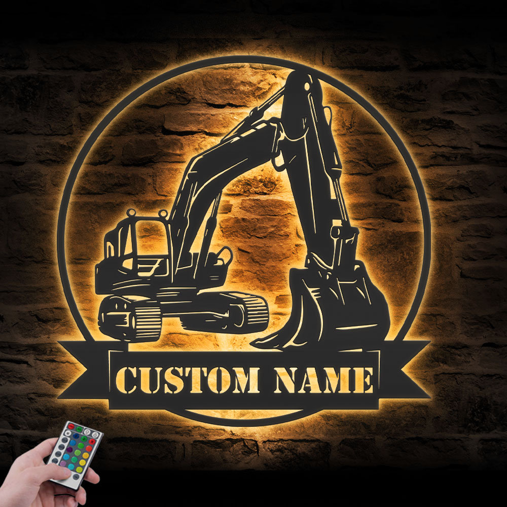 Custom Excavator Driver Metal Wall Art LED Light Personalized Excavator Name Sign Home Decor Construction Decoration Birthday Xmas Dad Gift