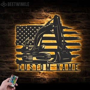 Custom US Excavator Driver Metal Wall Art LED Light Personalized Excavator Name Sign Home Decor Construction Decoration Birthday Christmas