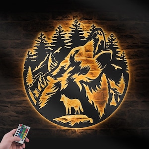 Wolf In Mountain Forest Metal Wall Art LED Light Wolf Moon Sign Home Decor Boy Girl Nursery Decoration Christmas Birthday Housewarming