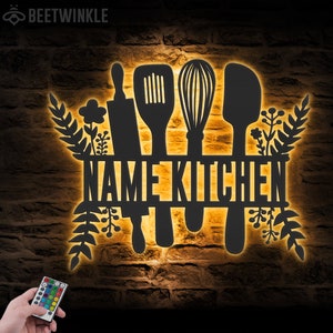 Custom Chef Tools Metal Wall Art LED Light Personalized Backyard Cooking Tool Name Sign Home Decor Flourish Kitchen Decoration Housewarming