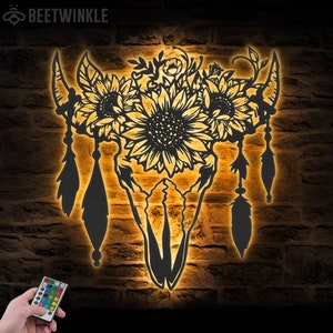 Cow Skull Sunflower Farmhouse Metal Wall Art LED Light Floral Boho Buffalo Longhorn Sign Home Decor Heifer Barn Nursery Decoration Xmas