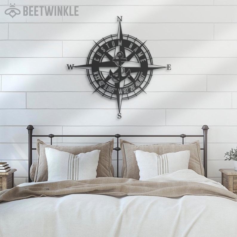 Custom GPS Anchor Compass Metal Wall Art LED Light Personalized ...