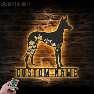 Custom FLoral Ibizan Hound Metal Wall Art LED Light Personalized Wild Flower Dog Lover Name Sign Home Decor Pet Animal Decor Housewarming