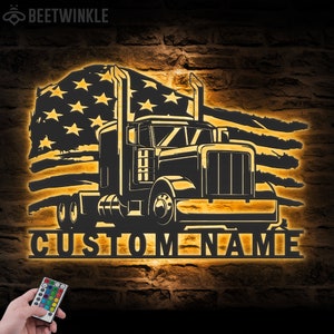 Custom US Semi Truck Driver Metal Wall Art LED Light Personalized Trucker Name Sign Home Decor 18 wheeler Decoration Birthday Xmas Dad Gifts