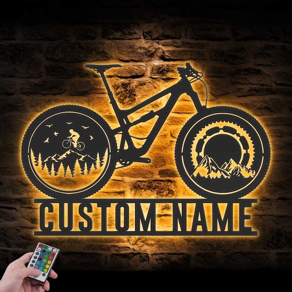 Custom Cyclist Mountain Bike Metal Wall Art LED Light Personalized Bicycle MTB Name Sign Home Decor Biker Decoration Bike Mud Sweat Gears