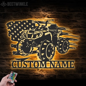 Custom US Quad Biker Metal Wall Art LED Light Personalized Dirt Bike Name Sign All Terrain Vehicle ATV 4 Wheels Home Decor Rider Decoration