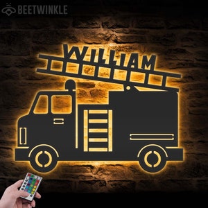 Moteur personnalisé camion de pompier art mural en métal lumière LED personnalisé garçon véhicule camion de pompier nom signe décor à la maison pompier décoration de chambre d&#39;enfant