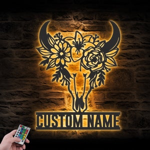Custom Flower Cow Skull Farmhouse Metal Wall Art LED Light Personalized Floral Boho Buffalo Longhorn Name Sign Decor Heifer Barn Decoration