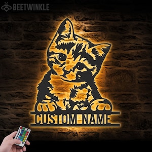 カスタムかわいい猫メタルウォールアート LEDライトパーソナライズされた面白い猫好きの名前サインホームデコレーション男の子女の子保育園の装飾クリスマス誕生日