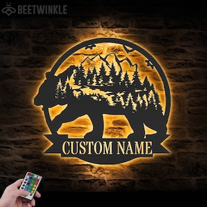 Custom Mountain Bear Metal Wall Art LED Light Personalized Bear And Forest Name Sign Home Decor Trees Grizzly Bear Decoration Christmas Gift