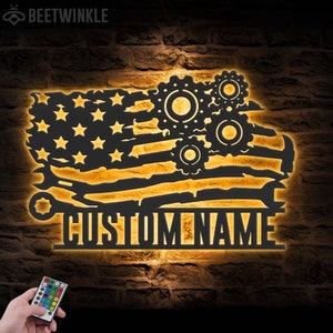 Custom US Mechanic Tools Metal Wall Art LED Light Personalized Car Repair Handyman Name Sign Home Decor American Garage Decoration Carpenter