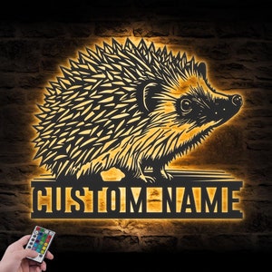 Custom Hedgehog Metal Wall Art LED Light Personalized Hedgehog Lover Name Sign Home Decor Kid Nursery Decoration Pet Animal Housewarming