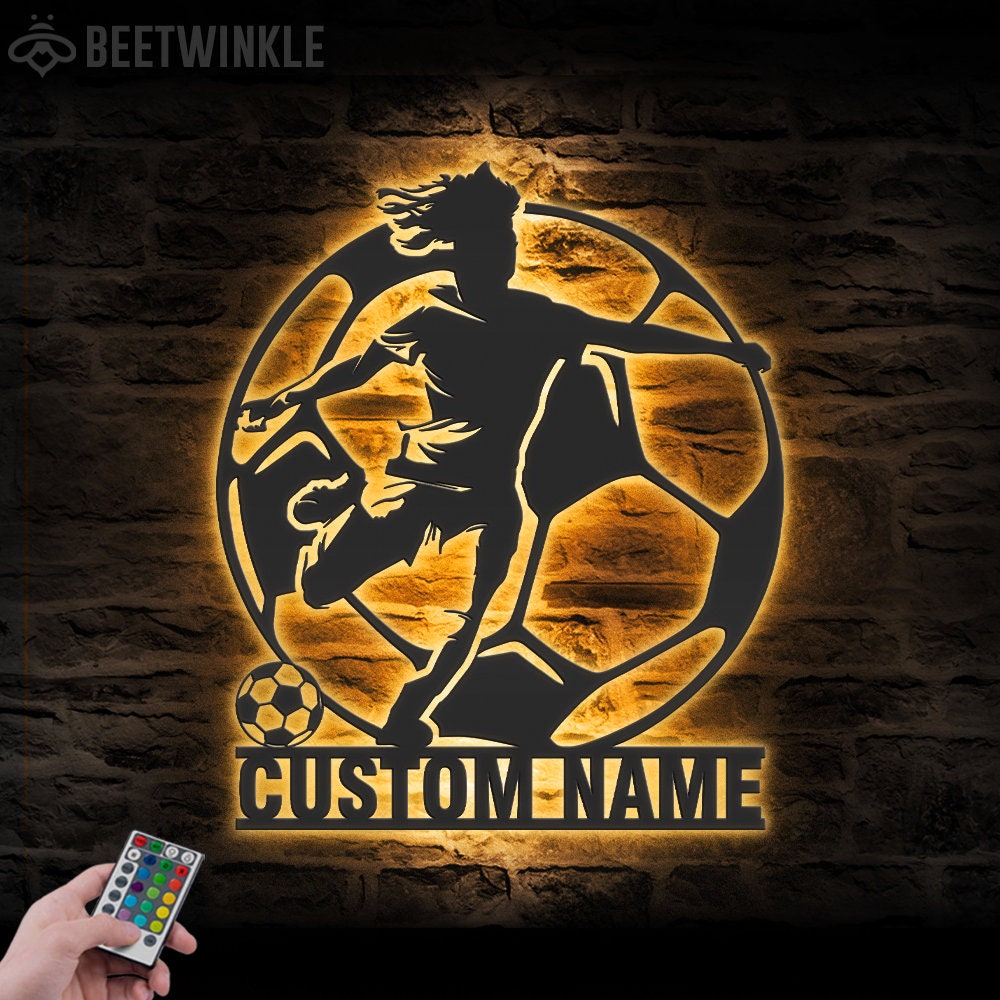 Custom Female Soccer Metal Wall Art LED Light Personalized Girl Football Player Lover Sign Home Decor Kid Girl Nursery Decoration Birthday