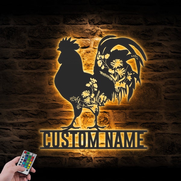 Custom Floral Chicken Farmhouse Metal Wall Art LED Light Personalized Wild Flower Chicken Coop Name Sign Home Decor Rooster Barn Decoration