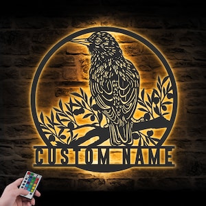 Custom Common Starling Metal Wall Art LED Light Personalized Passerine Bird Lover Name Sign Home Decor Pet Bird Nursery Decoration Birthday