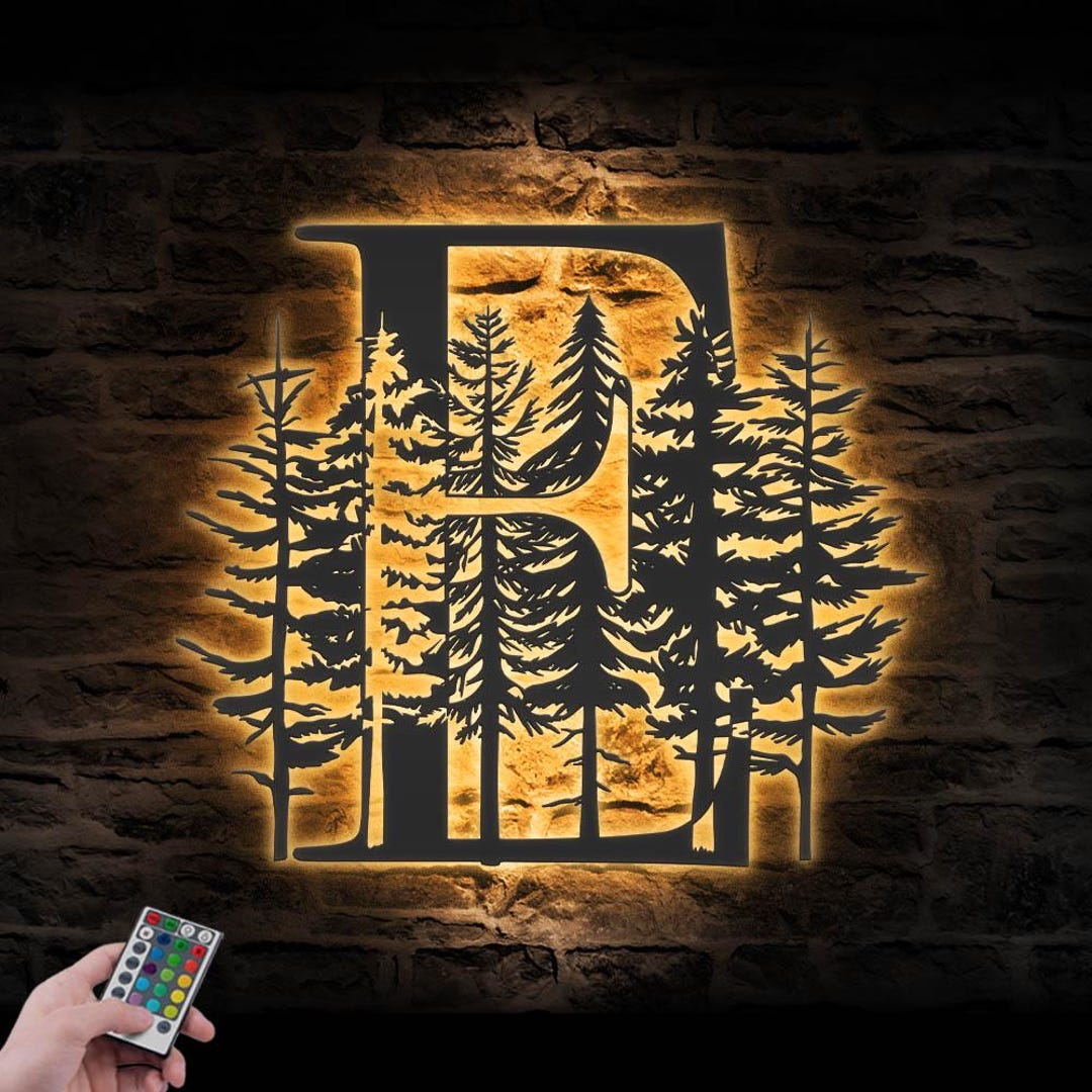 Monograms Led Custom Pine Tree Monogram Metal Wall Art LED Light Personalized Family ...