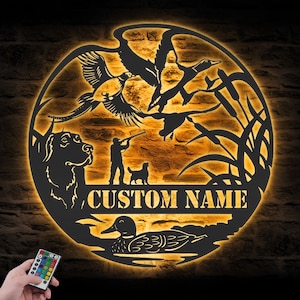 Custom Pheasant Duck Geese Golden Retriever Dog Hunting Metal Wall Art LED Light Personalized Hunter Name Sign Decor Lake Cabin Decoration