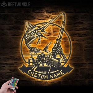 Custom Skeleton Marlin Fishing Metal Wall Art LED Light Personalized Skull Fisher Name Sign Home Decor Skeleton Fishing Hook Decoration