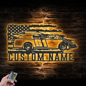 Custom Sport Car Garage Metal Wall Art LED Light Personalized Super Car Racing US Flag Name Sign Decor Mechanic Repair Decoration Racer Gift