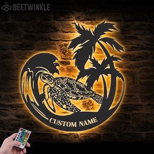Custom Mandala Sea Turtle Palm Tree Metal Wall Art LED Light Personalized Marine Turtle Lover Name Sign Home Decor Beach Turtle Kid Nursery