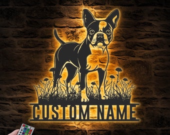 Benutzerdefinierte Boston Terrier Metall Wandkunst LED Licht personalisierte Hundeliebhaber Namensschild Home Decor Haustier Tier Kind Kinderzimmer Dekoration Weihnachten Weihnachten