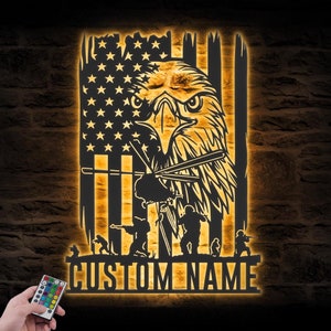 Custom American Eagle US Flag Metal Wall Art LED Light Personalized Soldier Military Name Sign Home Decor Army Veteran Patriotic Decoration