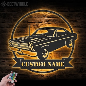 Custom Garage Metal Wall Art LED Light Personalized Classic Muscle Car Name Sign Home Decor Mechanic Repair Decoration Repairman Birthday