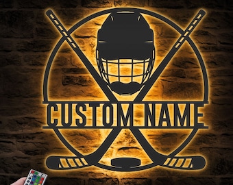 Custom Ice Hockey Metal Wall Art LED Light Personalized Player Stick Sign Home Decor Kid Boy Girl Lover Nursery Decoration Christmas Gift
