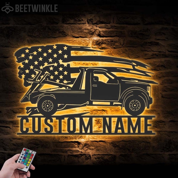 Custom US Rotator Tow Truck Driver Metal Wall Art LED Light Personalized Trucker Name Sign Home Decor Heavy Duty Wrecker Decoration Birthday
