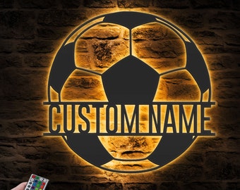 Custom Soccer Ball Metal Wall Art LED Light Personalized Football Player Lover Sign Home Decor Kid Boy Girl Nursery Decoration Birthday Xmas