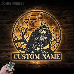 Custom Eagle Metal Wall Art LED Light Personalized Bald Eagle Name Sign Home Decor Eagle Lover Nursery Decoration Birthday Xmas Houswarming
