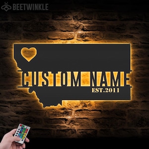 Custom Montana-kaart metalen muurkunst LED-verlichting Gepersonaliseerd naambord staat Montana Home Decor Born in Montana Decoratie Kerst housewarming