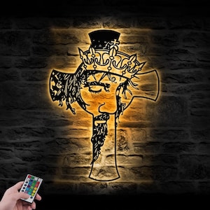 Christ Jesus King of Kings Metal Wall Art LED Light Jesus Christian Cross Sign Home Decor God Faith Decoration Religious Lord Housewarming