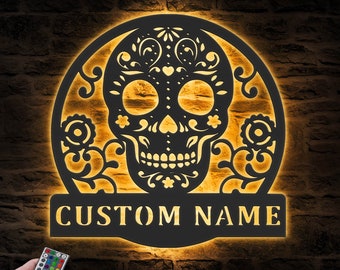 Custom Sugar Skull Metal Wall Art with LED Light Personalized Day of the Dead Name Sign Home Decor Dia De Los Muertos Halloween Decoration
