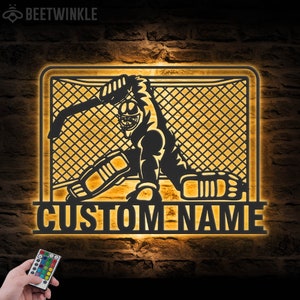Custom Ice Hockey Player Metal Wall Art LED Light Personalized Man Hockey Goaltender Name Sign Home Decor Male Goalie Decoration Christmas