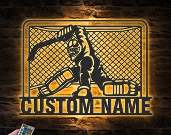 Custom Ice Hockey Player Metal Wall Art LED Light Personalized Man Hockey Goaltender Name Sign Home Decor Male Goalie Decoration Christmas