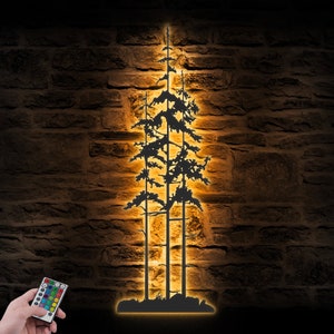 Arte de pared de metal con forma de pino tenue con luz LED y nombre de cedro, decoración del hogar, decoración de cabaña de bienvenida, inauguración de la casa, cumpleaños y Navidad