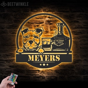 Benutzerdefinierte Whisky Zigarre und Pitbull Hund Metall Wand Kunst LED-Licht Personalisierte Alkohol Rauch Zeichen Home Bar Pub Dekor Hundedekoration Mann Höhle