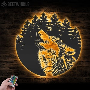 Wolf In Forest Metal Wall Art LED Light Wolf Moon Sign Home Decor Kid Boy Girl Nursery Decoration Christmas Birthday Housewarming Gift