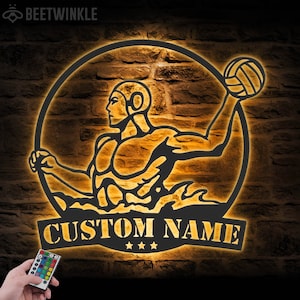 Custom Man Water Polo Player Metal Wall Art LED Light Personalized Water Polo Lover Name Sign Home Decor Nursery Decoration Man Cave Xmas