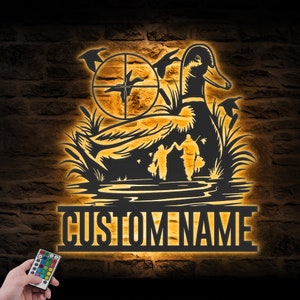 Custom Father Son Duck Hunting Metal Wall Art LED Light Personalized Hunter Name Sign Home Decor Duck Cabin Decoration Christmas birthday