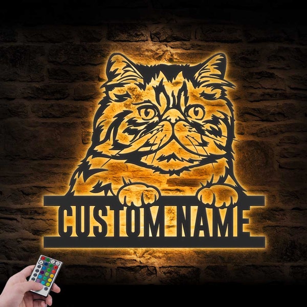 Custom Peeking Persian Cat Metal Wall Art LED Light Personalized Funny Cat Lover Name Sign Home Decor Kid Nursery Decoration Birthday Gift