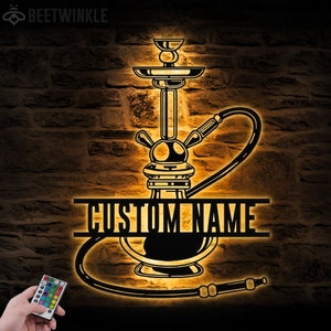 Custom Shisha Hookah Metal Wall Art LED Light Personalized Smoke Shop Name Sign Home Decor Hookah Shop Decoration Smoker Birthday Christmas