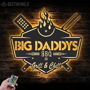 Custom GrillFather Grill And Chill Metal Wall Art LED Light Personalized Backyard BBQ Name Sign Home Decor Barbecue Patio Decoration