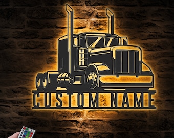 Custom Semi Truck Driver Metal Wall Art LED Light Personalized Trucker Name Sign Home Decor 18 Wheeler Decoration Birthday Xmas Dad Gift
