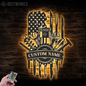 Custom Tools Repair Metal Wall Art LED Light Personalized Tools Shop Name Sign Home Decor Mechanic Tools Decoration Repairman Birthday Xmas