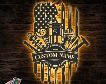 Custom Tools Repair Metal Wall Art LED Light Personalized Tools Shop Name Sign Home Decor Mechanic Tools Decoration Repairman Birthday Xmas